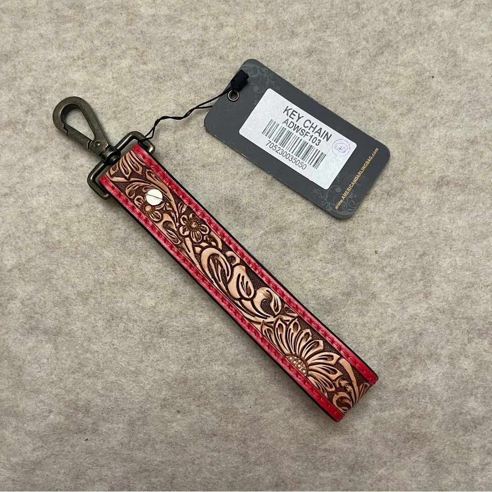 American Darling ADWSF103 Tooled Genuine Leather Keychain Wristlet Red Brown New